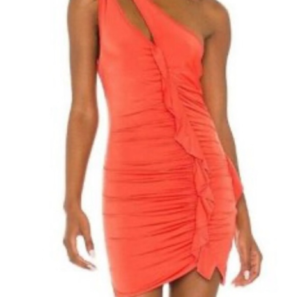 NBD One-Shoulder Ruffled Bodycon Dress in Coral